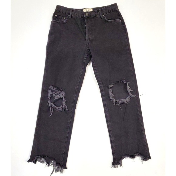 We The Free People Jeans  Womens 27 Black Straight Hi Rise Button Fly Ripped - Picture 1 of 16
